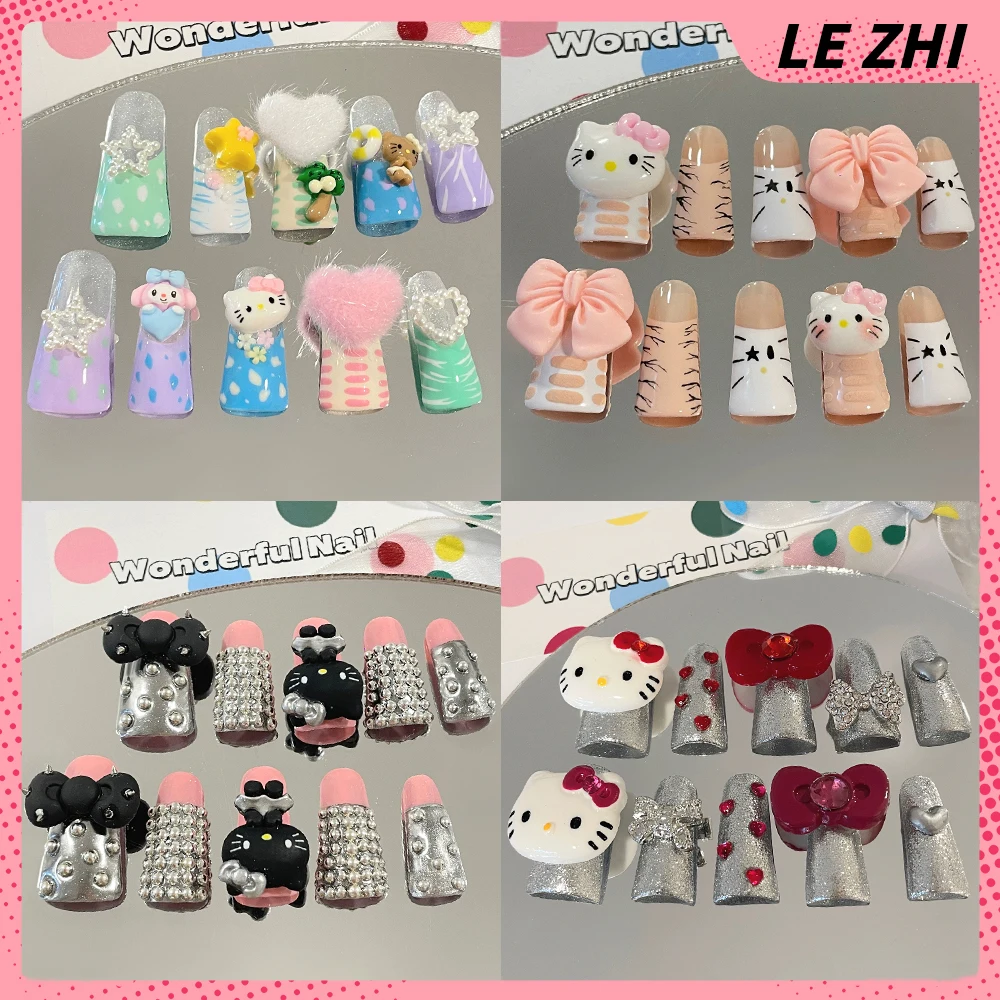 10Pcs Sanrio Hello Kitty Handmade Duckbilled Nails Party Sticker Spice Girl Xl Acrylic Reusable Streak Long Fake Nail Girl Gift