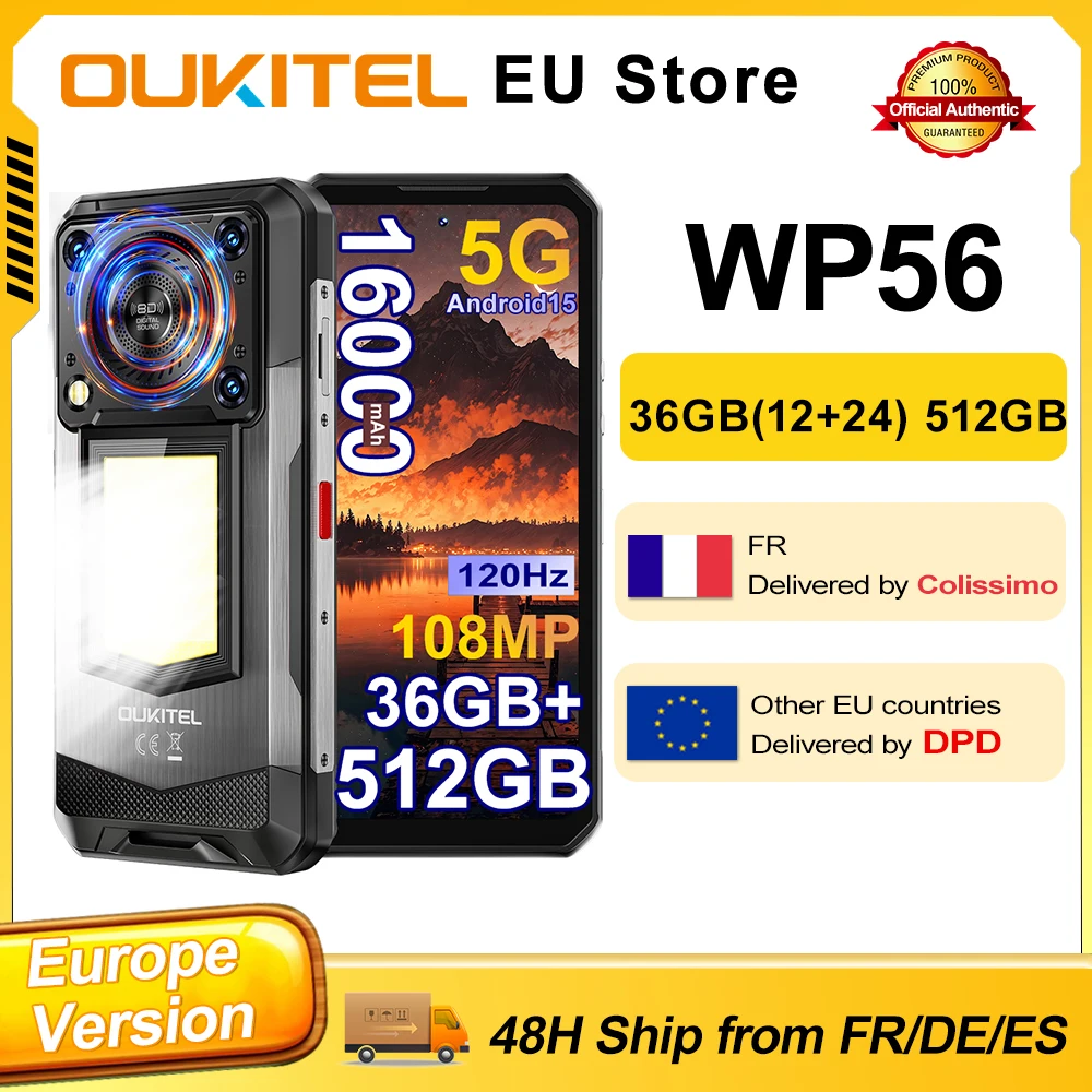 Smartphone OUKITEL WP56 Android 15 36 Go (12+24) 512 Go 16 000 mAh 45 W Lampe de camping 6,8 pouces FHD 120 Hz 128 dB Haut-parleur 108 MP 5G Téléphone portable