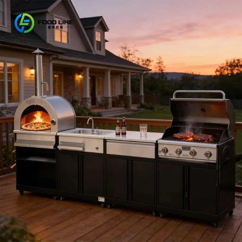 Customized DIY Modular Outdoor Kitchen Suite - Black Powder Coated BBQ Island with Pizza Oven & Service Cart