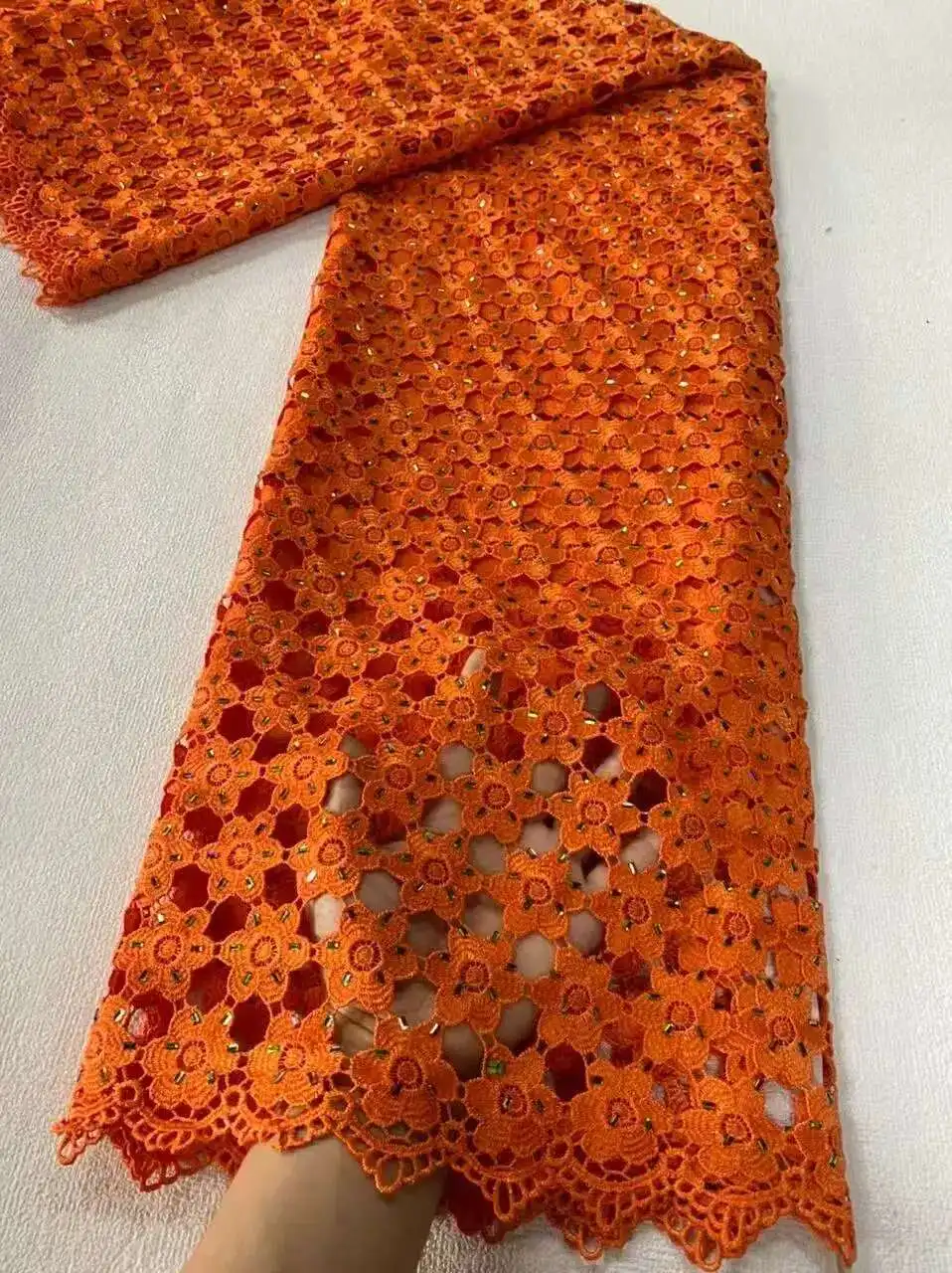 

Latest African Guipure Cord Lace Fabric with Sequins High Quality Nigerian Water Soluble Lace Fabrics with stones for Wedding