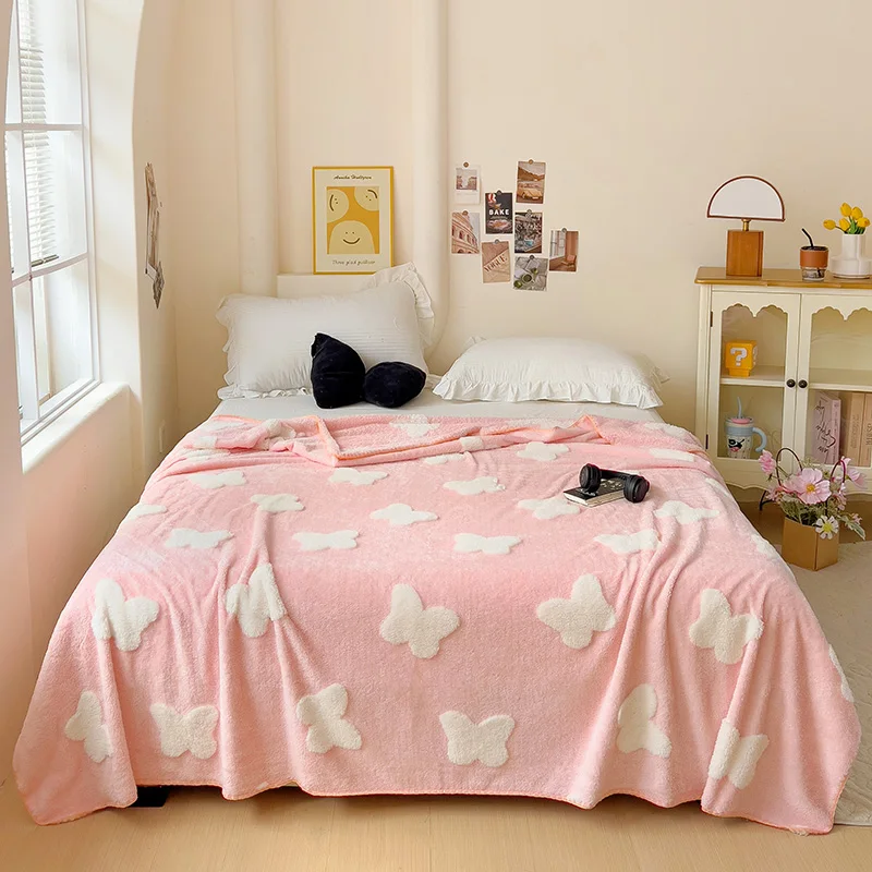 Butterfly Pattern Cotton Fleece Blanket Girls Pink Throw Blankets Winter Warm Soft Reversible Plush Blanket for Bed Chair Sofa