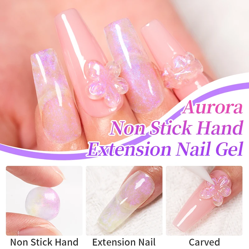 BOZLIN 15ML Aurora Non Stick Hand Extension Nail Gel Sparking Auroras Effect Semi Permanent Carving Flower Function Nail Art Gel