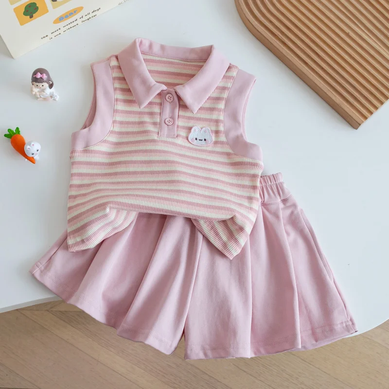 

Kindergarten Baby Summer Cute Striped Vestt+Pleated Cute Pink Shorts for GirlsPoloShirt Suit