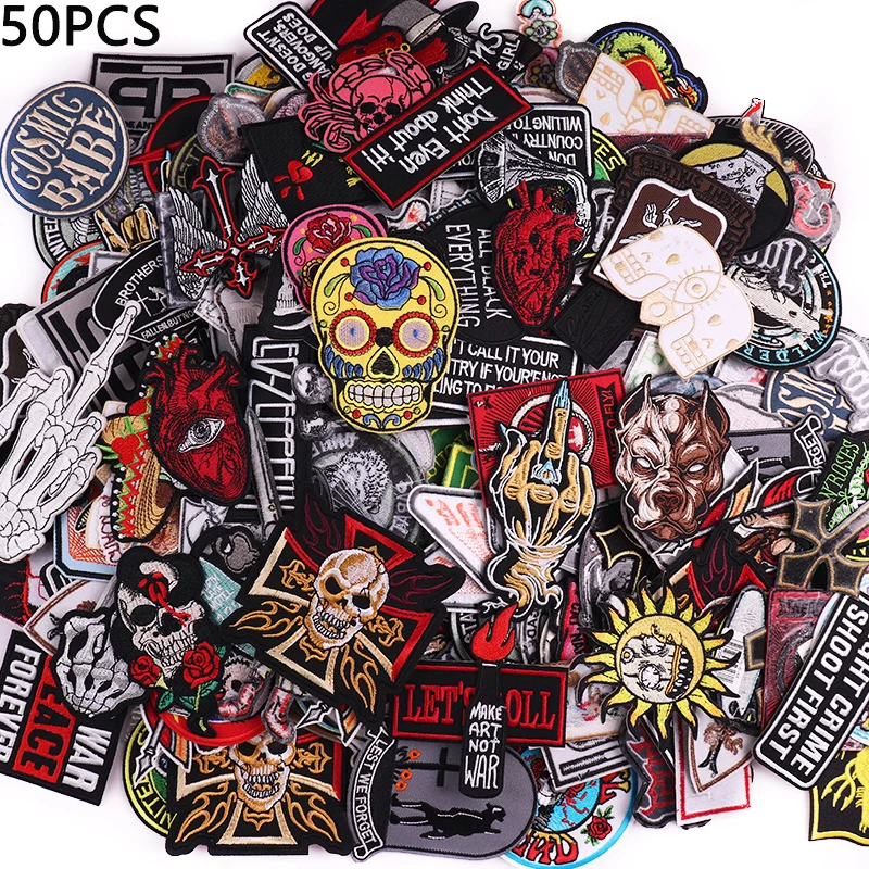 10/20/30/40/50PCS Mixed Randomly Punk Skull Letter Patch Embroidered Patches F or Clothes Jackets Backpack DIY Iron On Patches