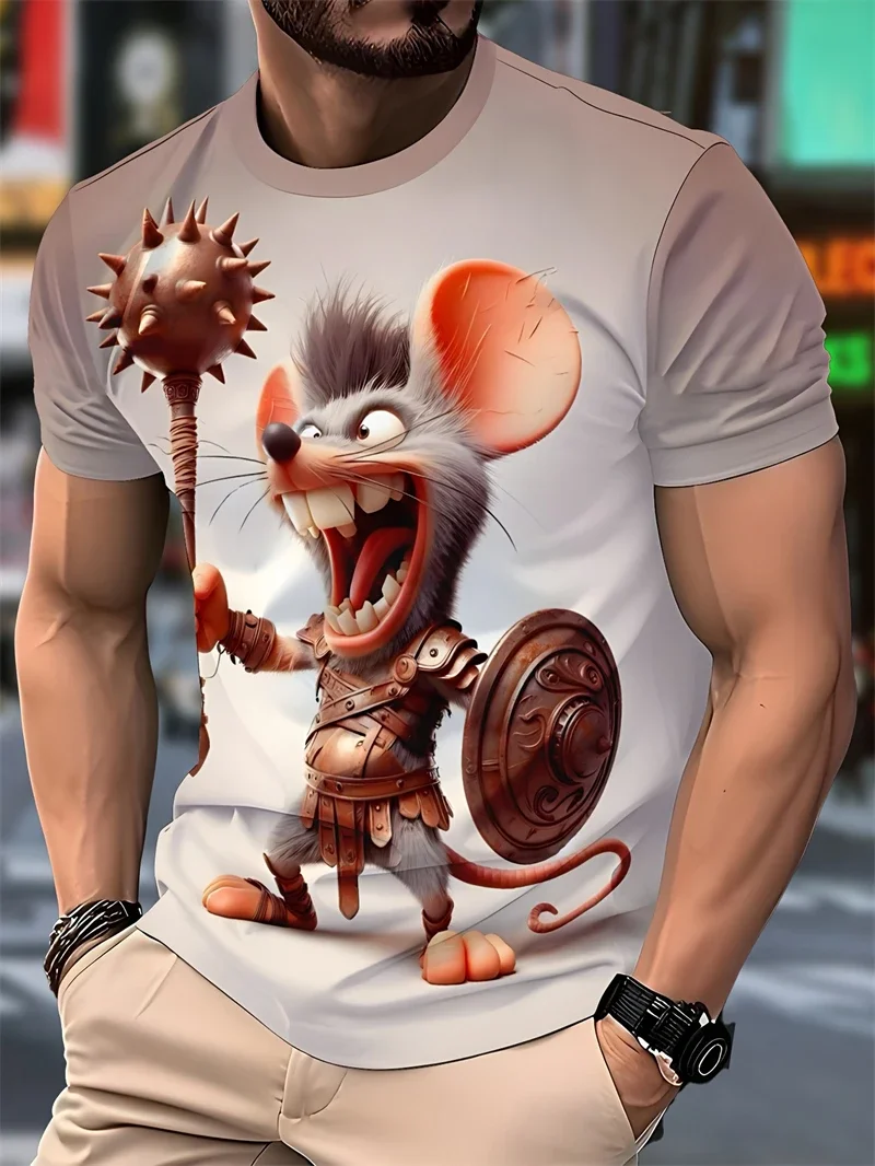 Funny Men's Cartoon Warrior Mouse Graphic Print T Shirt Crew Neck Short Sleeve Casual Streetwear Tees