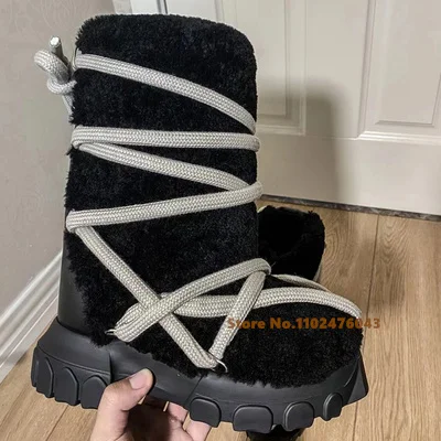 Black Plush Thick Sole Snow Boots Square Toe Cross Strap Ankle Boots Winter Warm Dress Daily New Fashion Vintage Short Boots