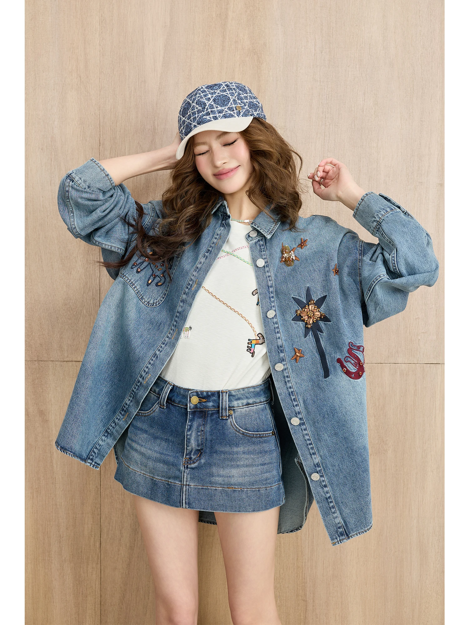 

Retro Faion Embroidered Pearl Waed Denim Cotton Loose irt Stand Collar Distred Sle Casual Breathable Women's irt