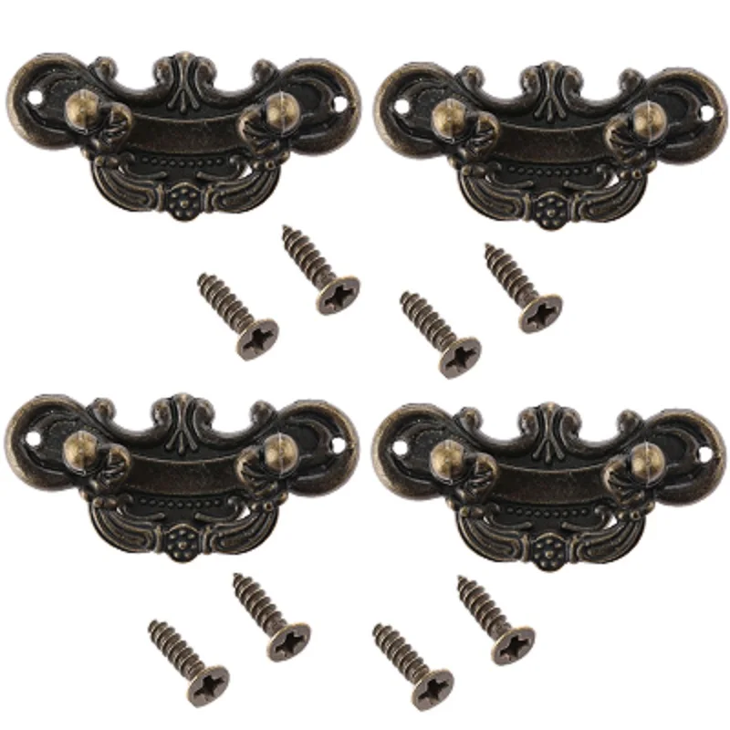 4Pcs Vintage Antique Bronze Pull Handle Knob for Drawer Jewelry Box Kitchen Cabinet Furniture Hardware 60*30mm with Screws