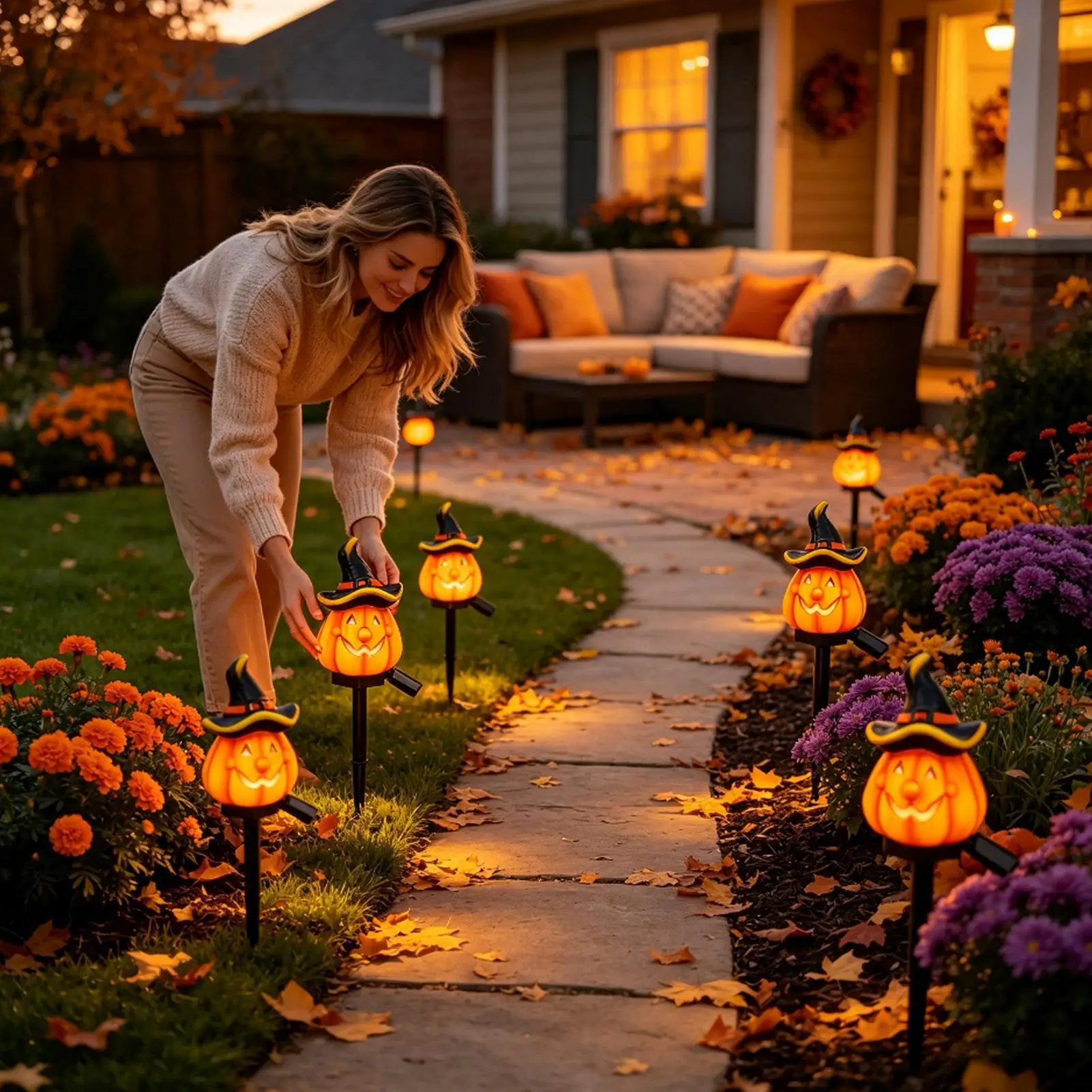 Pumpkin Solar Lights Outdoor Waterproof Stake Spooky Horror Figurine Solar Powered Halloween Decorations For Pathway Front Porch
