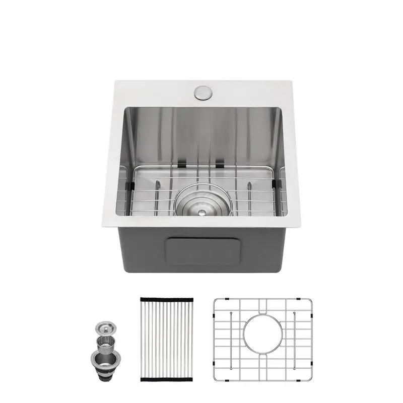 

15 Inch Stainless Steel Drop-in Kitchen Sink, 16 Gauge Topmount Sink, Compact 15x15x9 inch Design for Small Spaces