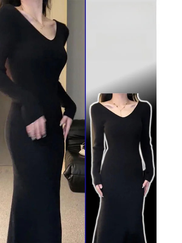 

plus Size Women's Knitted Sweater Dr Two-Piece Set Bla Slim Fit Hepburn Sle High Waist V-Ne Long Sve Winter Outfit