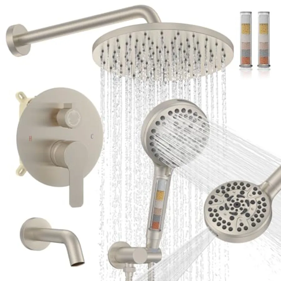 

Brushed Nickel Bathtub Shower Faucet SetBathroom Shower System with Tub Spout Filtered Shower Head with Handheld 9 Spray Mode S