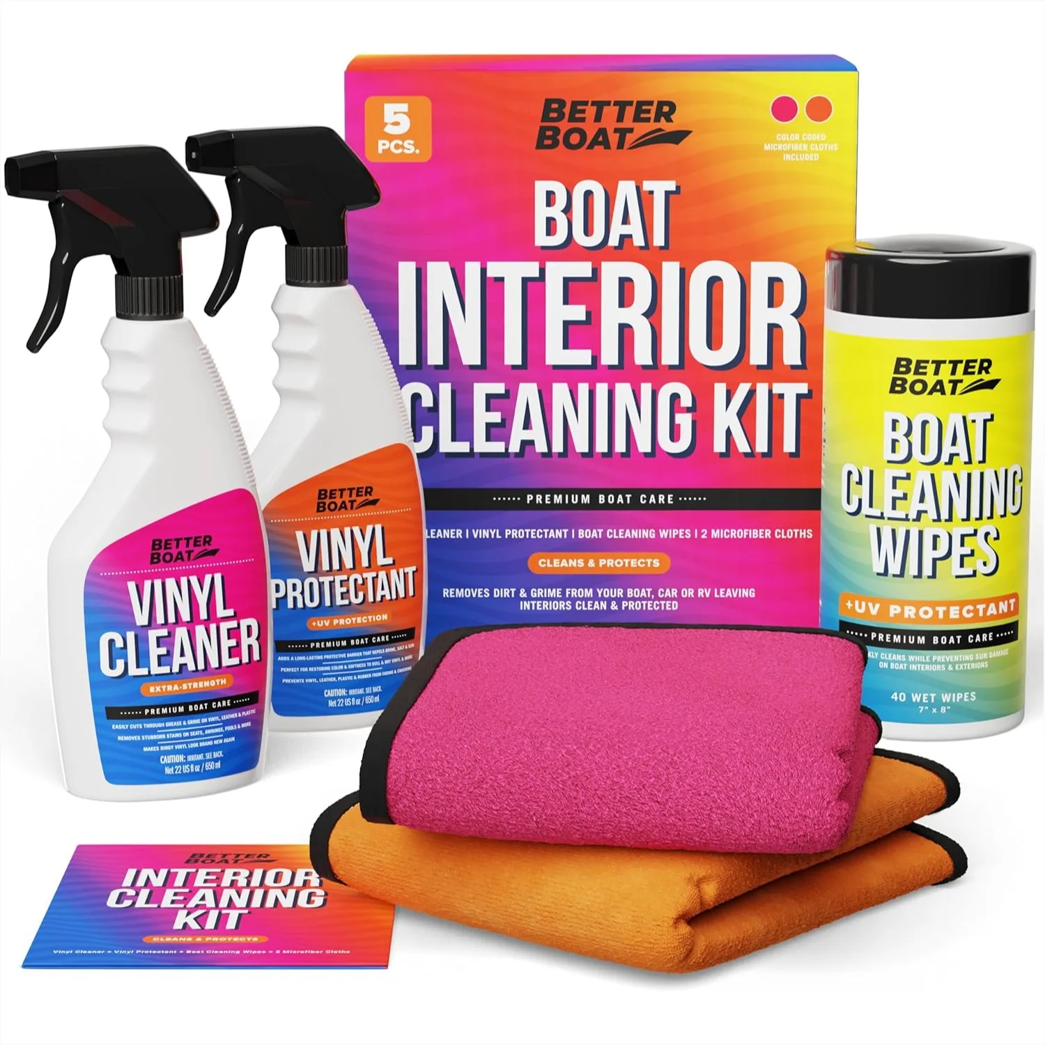 

Boat Interior Cleaning Kit with Marine Vinyl Protectant, Cleaner, Wipes, Microfiber Cloths for Seats, Pontoon, Jet Ski, Car, RV