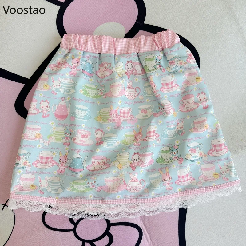 Japanese Sweet Lolita Style Princess Skirt Women Kawaii Cartoon Bunny Bear Print Lace Ruffles Mini Skirts Girls Y2k Short Skirts