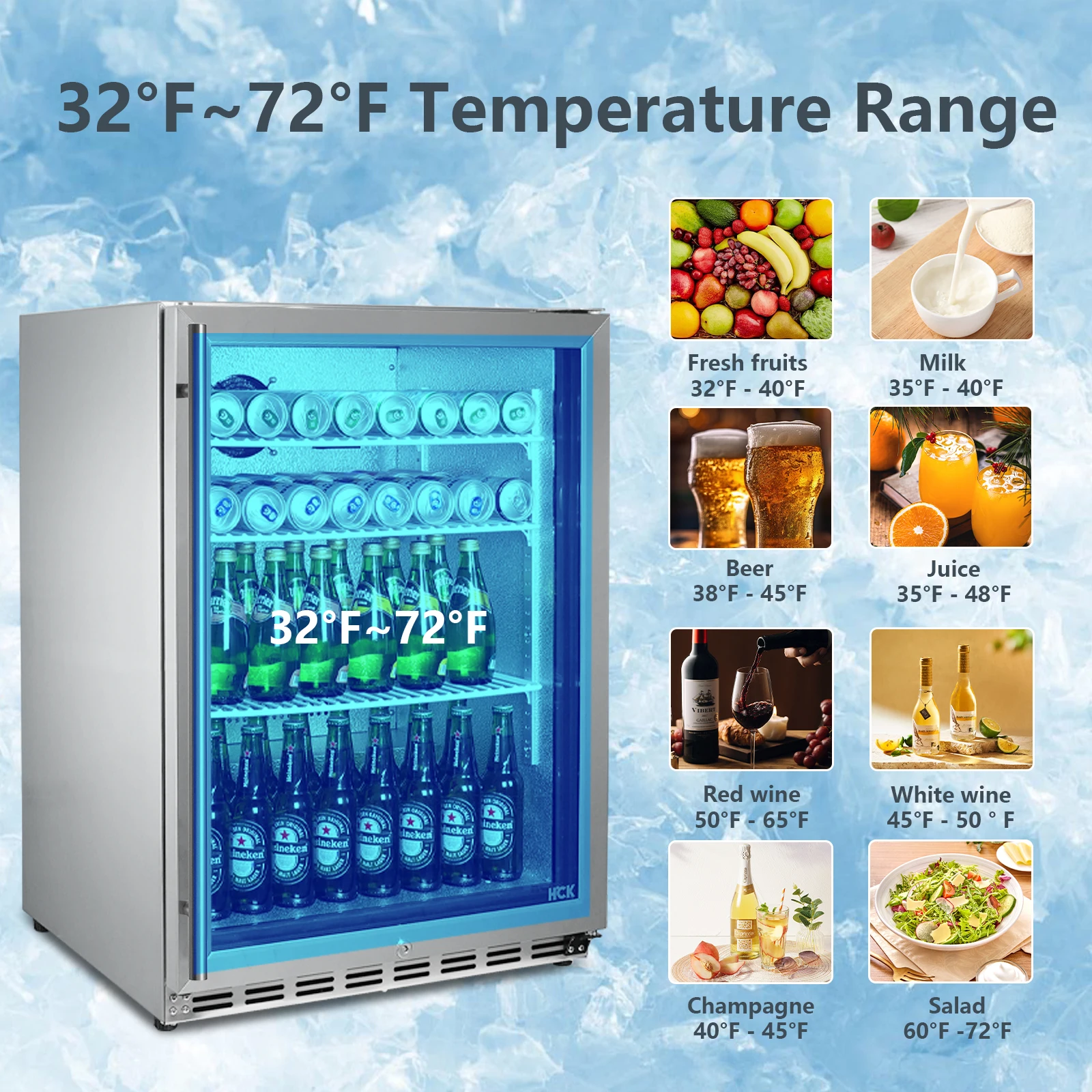HCK 24 Inch Beverage Refrigerator, 180 Can Under Counter Fridge with Glass Door and Stainless Steel Body, Built-in or Freestandi