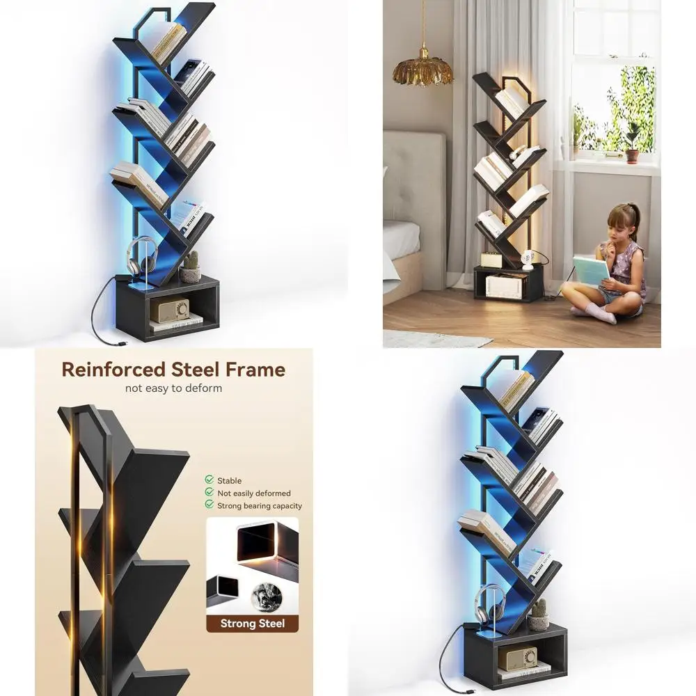 6-Tier Tall Steel and Wood Bookshelf - Slim Standing Organizer with Cabinet, Modern Home Decor for Living Spaces