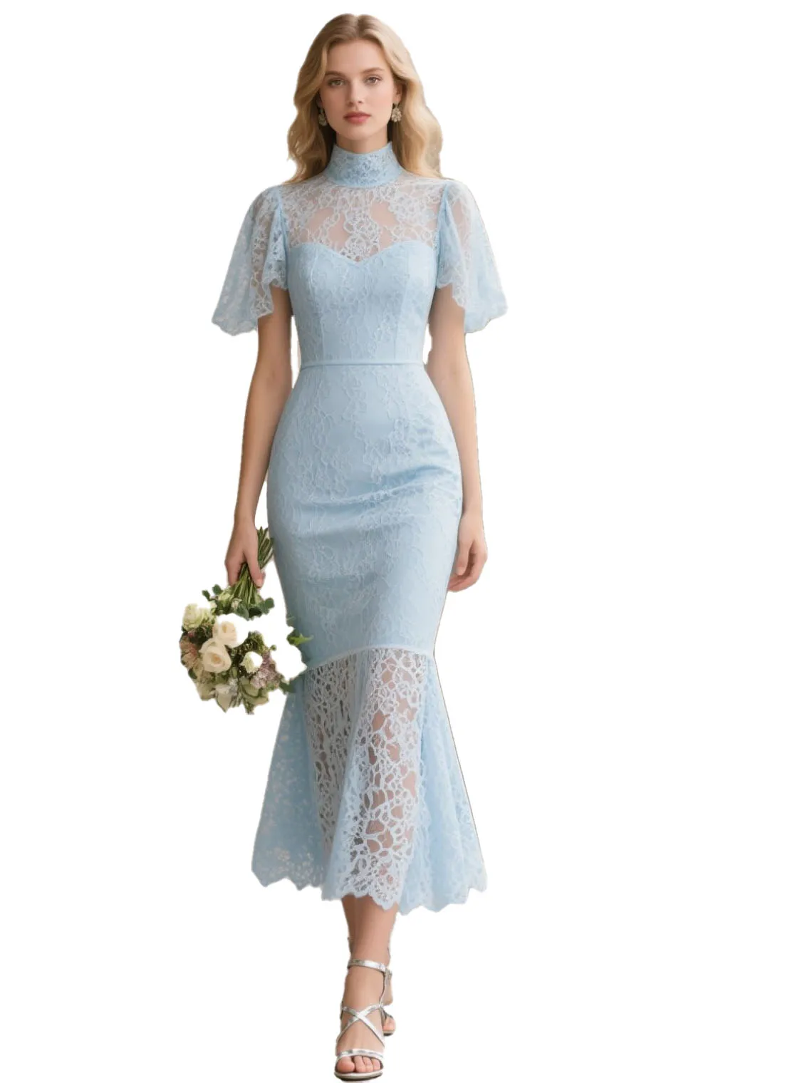 

Sexy Elegant Mermaid Evening Dress High Neck Short Sleeve Lace Appliques Tea-Length Wedding Guest Dress 2025 free customized