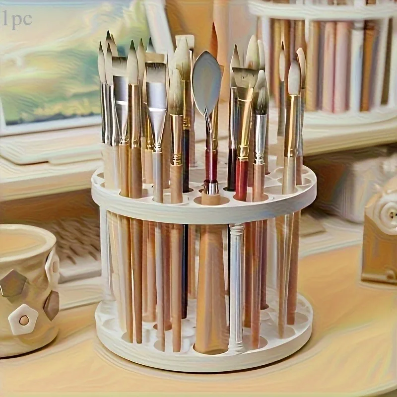 360 Degree Rotating White Plastic Brush Storage Holder Glaze Surface Space Saving Organizer for Pens Art Brushes Makeup Tools