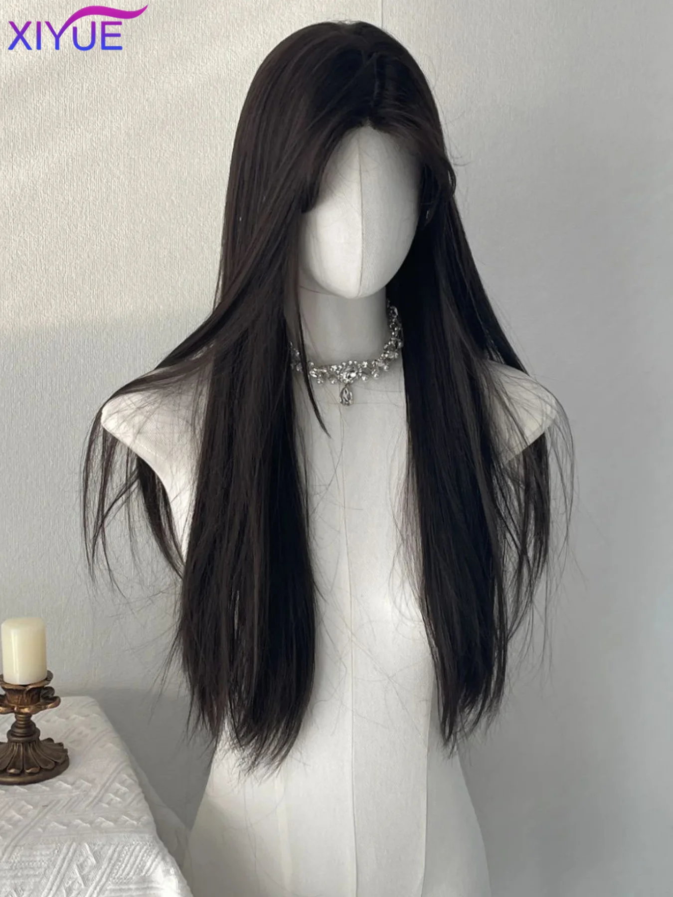XIYUE Long Straight Black Synthetic Wig For Woman With center part black Cosplay Lolita Wigs Heat Resistant Natural Hair