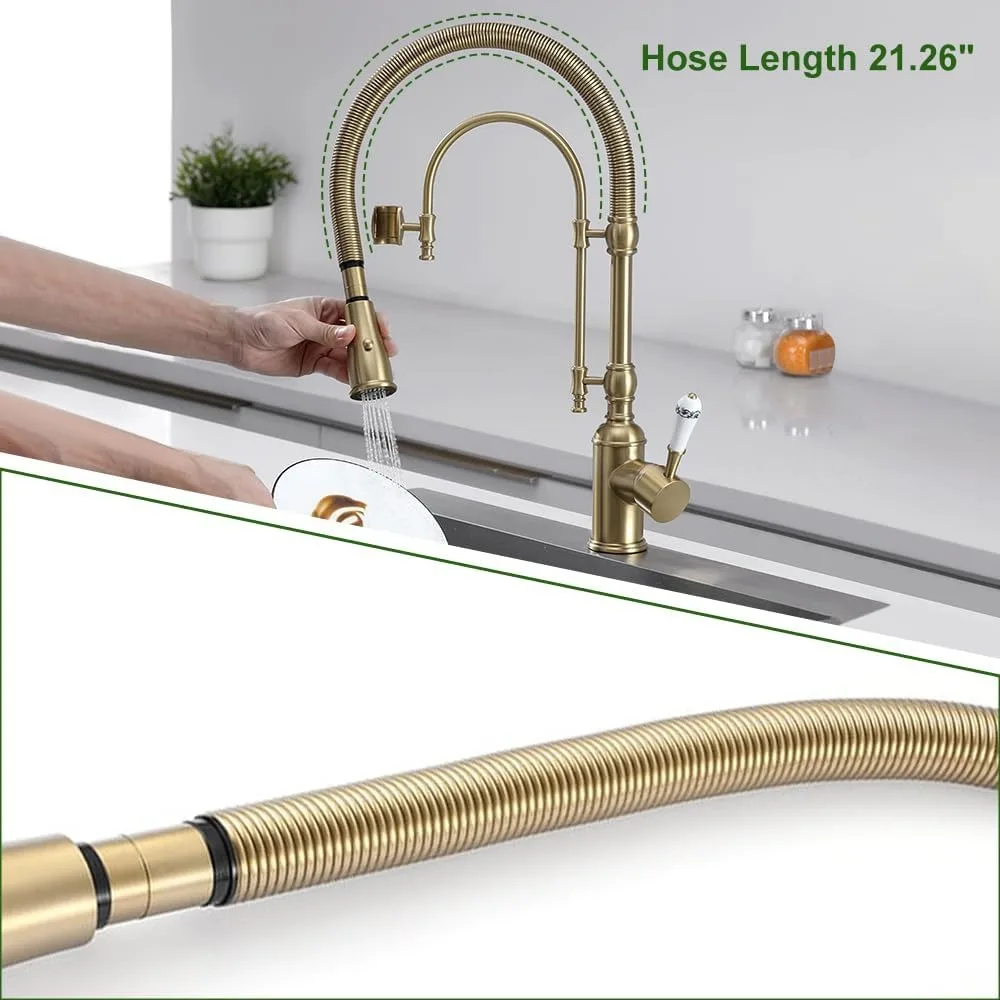 

Kitchen Faucets Brushed Gold Kitchen Sink Faucet with Pull Down Sprayer High Arc Dual-Mode Kitchen Faucet