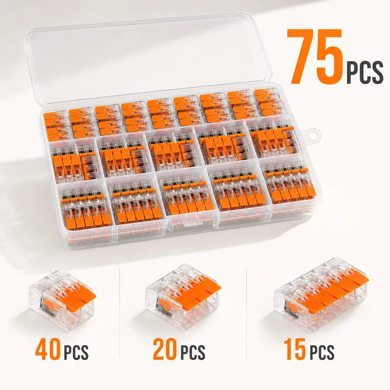 10/75PCS Electrical Wire Connector Set  2/3/5 Port Lever Quick Splice Reusable 250V Assortment Kit Storage Box for Home Wiring