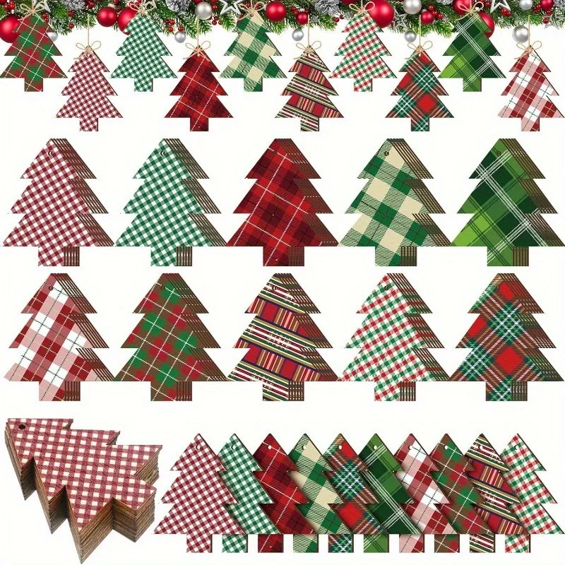

30pcs/Christmas Decor Plaid Christmas Tree Decorations Set, 2D Flat Wooden Tabletop Trees Holiday Home Decoration