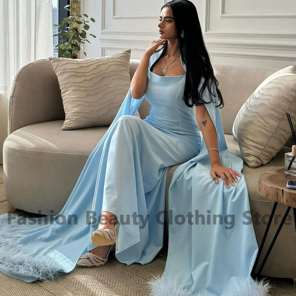 Simple Satin Prom Gown Shawl Square Neck Draped Mermaid Feathers Saudi Arabian Women Formal Occasions Floor Length فساتين السهرة