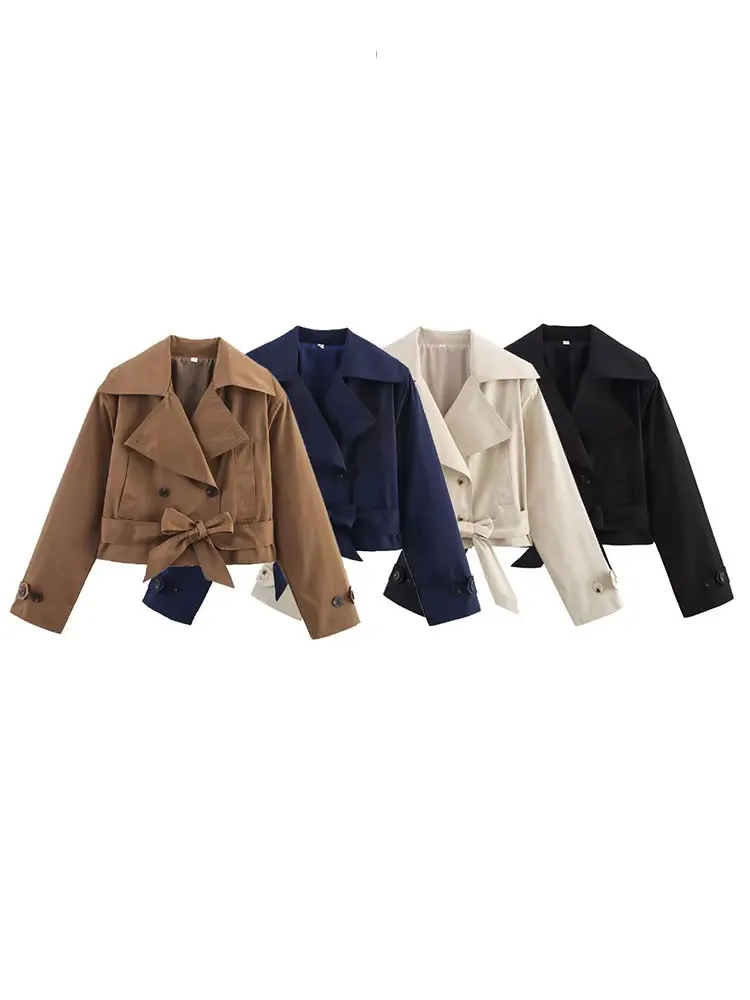 HH 2025 Spring Retro V-neck Double Breasted Women\'s Pocket Top Loose Jacket Women\'s Street Casual Lace-up Short Trench Coat
