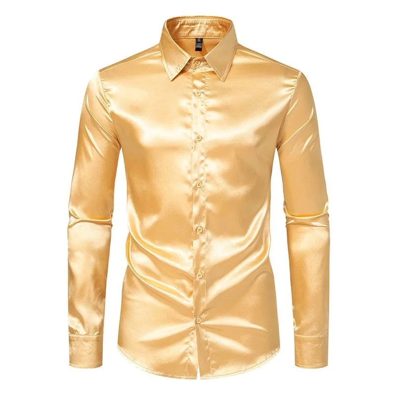 Camisa de seda de chiffon masculina manga longa único breasted ouro cetim casual fino ajuste festa formal homem roupas