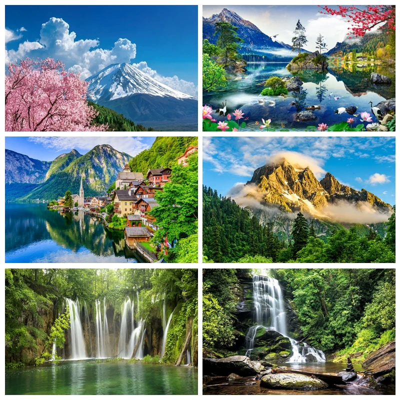 

Waterfall Backdrop Spring Forest Landscape Mountain Lake Natural Landscape Painting Background Home Decor Kids Adults Portrait