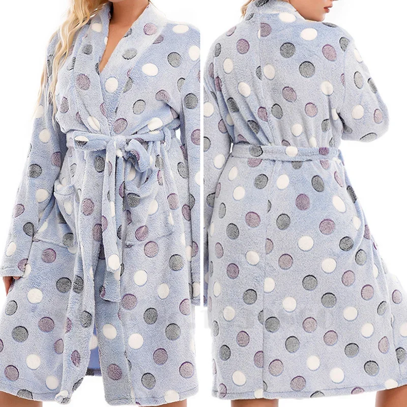 

Large Size Loose Coral Fleece Bathrobe Gown Homewear Thicken Flannel Robe Female Sleepwear Sweet Print Dot Lingerie Lounge Wear