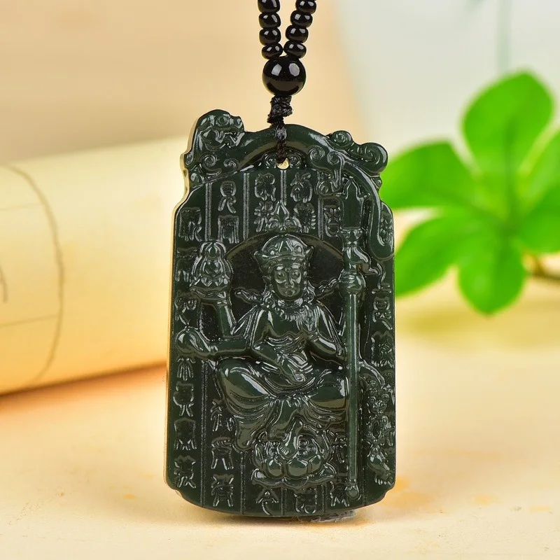 Hotan Green Guanyin Natural Jade Pendant With Heart Sutra Inscription, Special Delivery Necklace