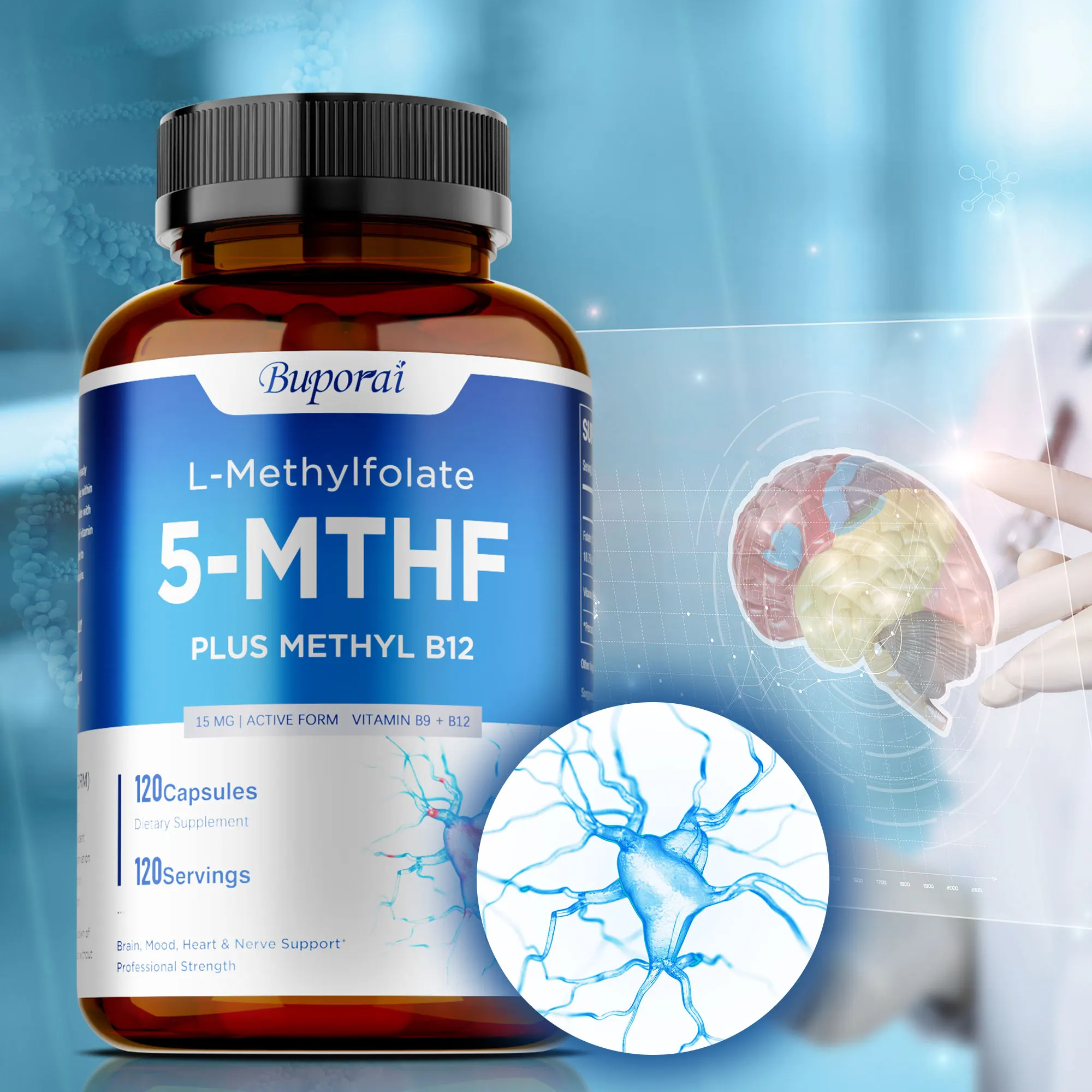 

L-Methylfolate Капсулы 15 мг — силовая активная металовая папка, сбалансированное настроение, поддержка здоровья мозга и сердца, без ГМО, без глютена