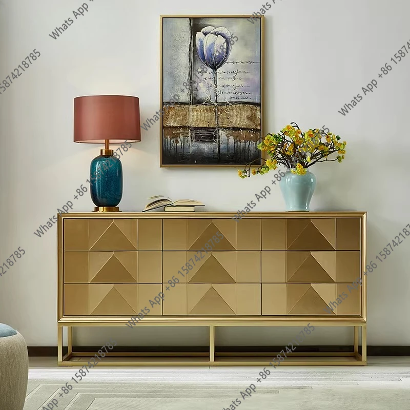 

American light luxury porch cabinet, golden foyer partition decorative cabinet, modern simple stainless steel dining side locker