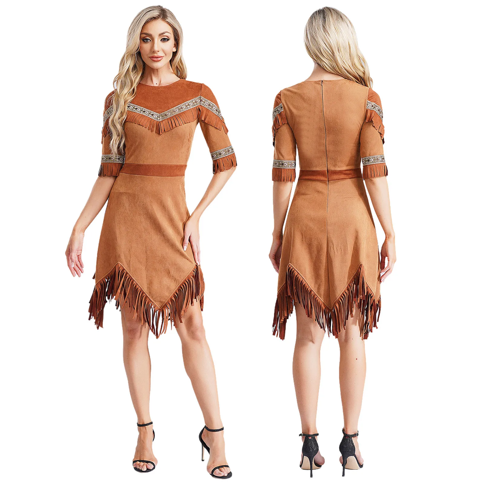 

Women Vintage Cowgirl Cosplay Performance Dress Half Sleeve Tassels Woven Tape Dress for Halloween Western Cowgirl Folk Outfits