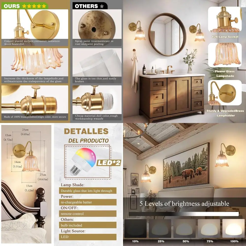 

Пара перезаряжаемых светодиодных настенных бра с 15 вариантами цвета, винтажное янтарное стекло, пульт дистанционного управления для домашнего декора