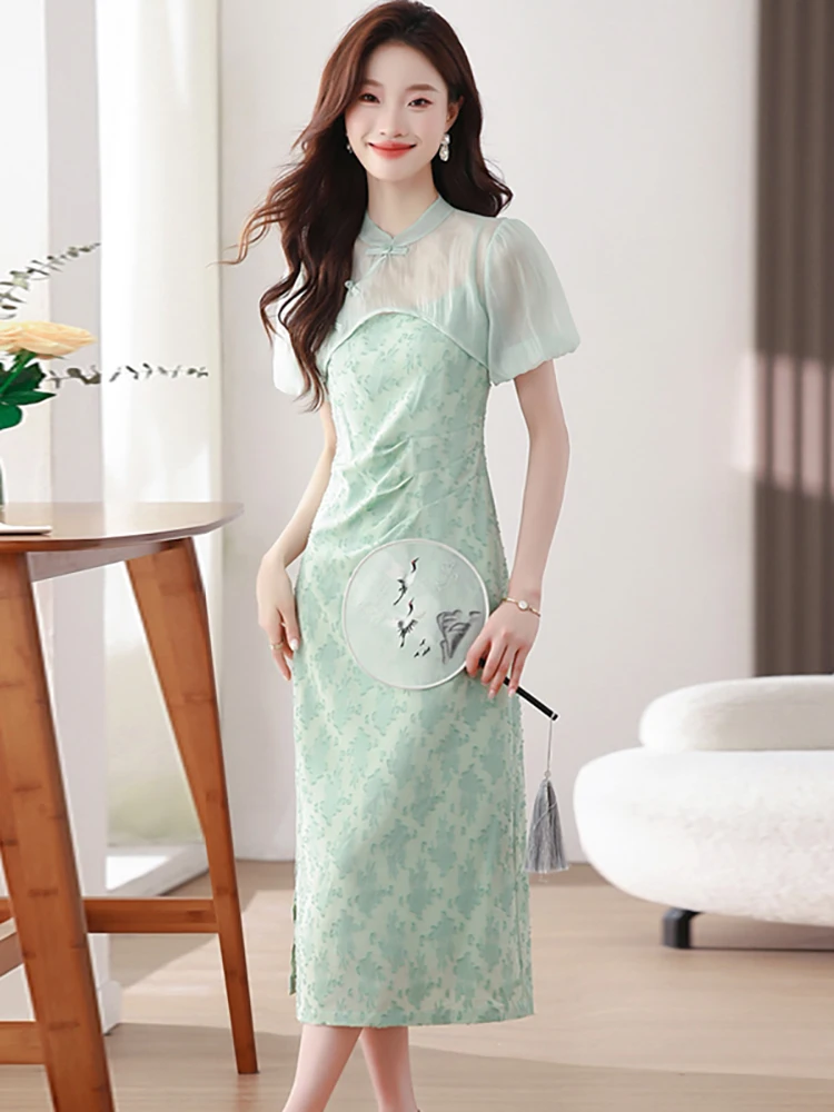 2025 جديد الأخضر طباعة مطوي فستان بكتافة + شبكة قميص حريمي قطعتين مجموعات المرأة الصيف الكورية أنيقة فستان مناسبات غير رسمية مجموعات