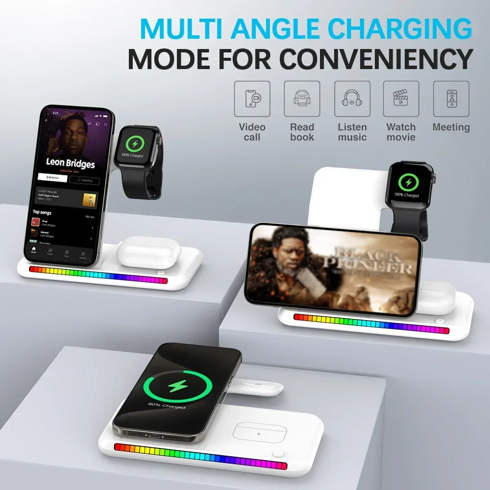 100W Fast Wireless Charger LED 3 ใน 1 สถานีชาร์จแบบพับได้สําหรับ iPhone 16 15 14 13 12 Apple Watch 9 8 7 6 Airpods Pro