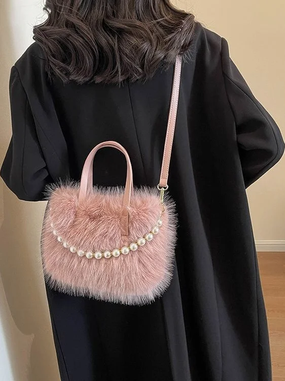 Bolsa peluda pequena bolsa quadrada Faionable pérola guarnição primavera verão bolsa crossbody feminina superfície macia nylon com zíper Clo...