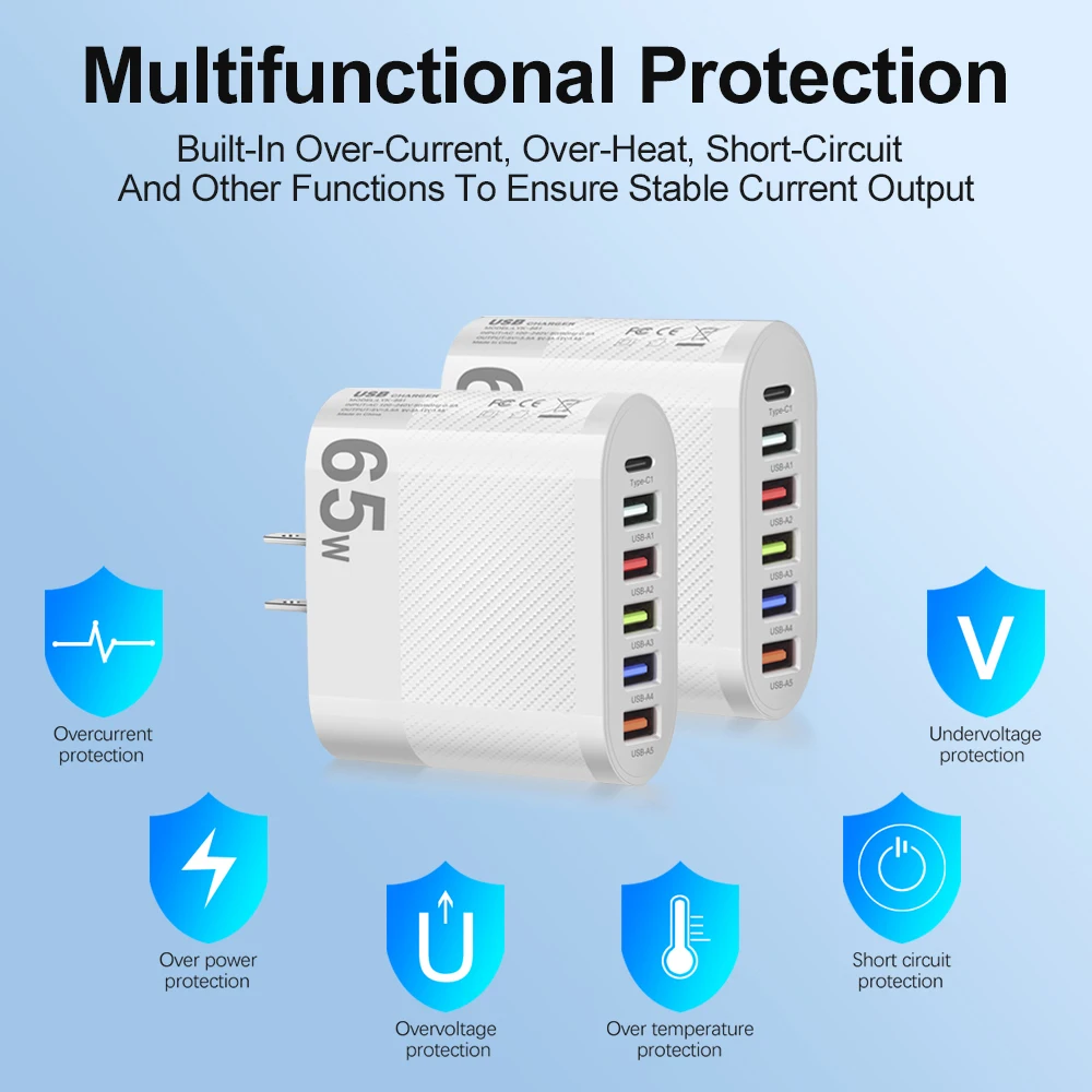 3.1A 5Ports USB Charger PD Charging Adapter For Xiaomi iPhone 13 Samsung Mobile Phone Plug Charging QC 3.0 Wall Charger