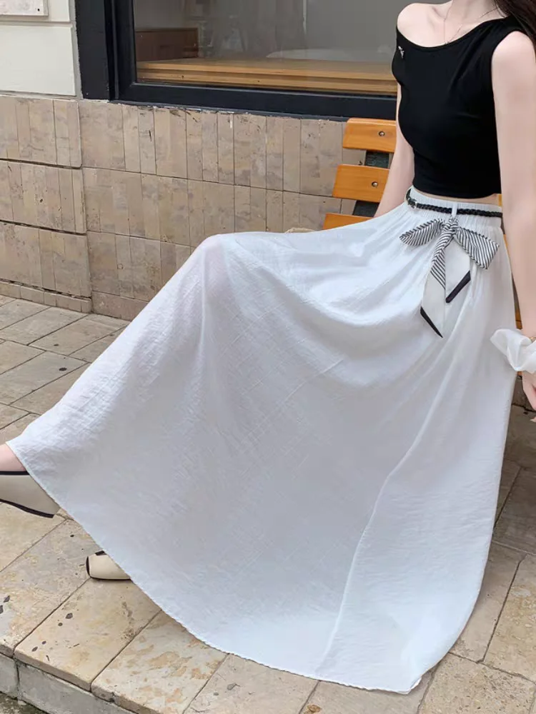 

Elegant Flowy Straight to A-Line Folds Skirts For Women Summer High-Waist Flared Skirt with Scarf Belt