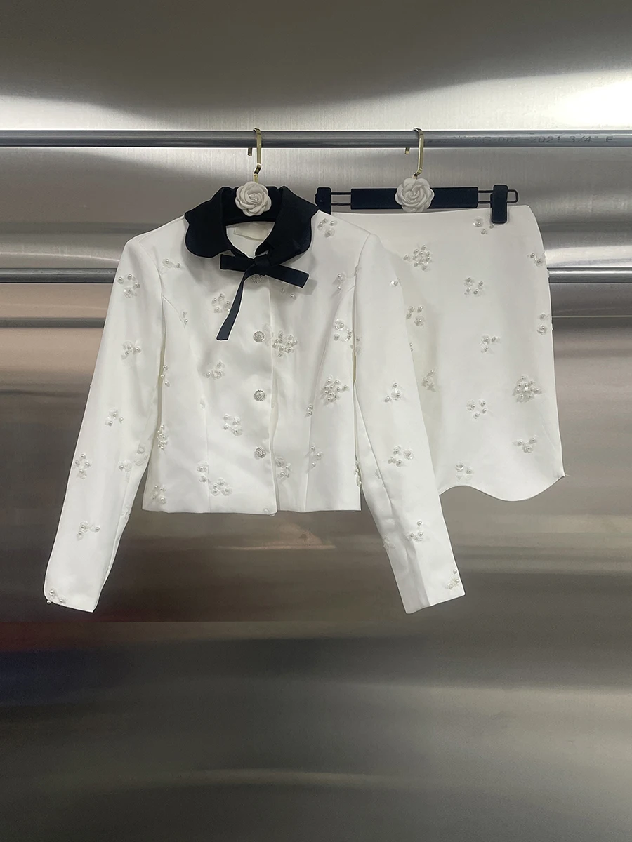 GALCAUR Solid Spliced Beading Two Piece Set Female Lapel Long Sleeve Jacket Korean Sweet Women's Skirt Sets Fashion Autumn New