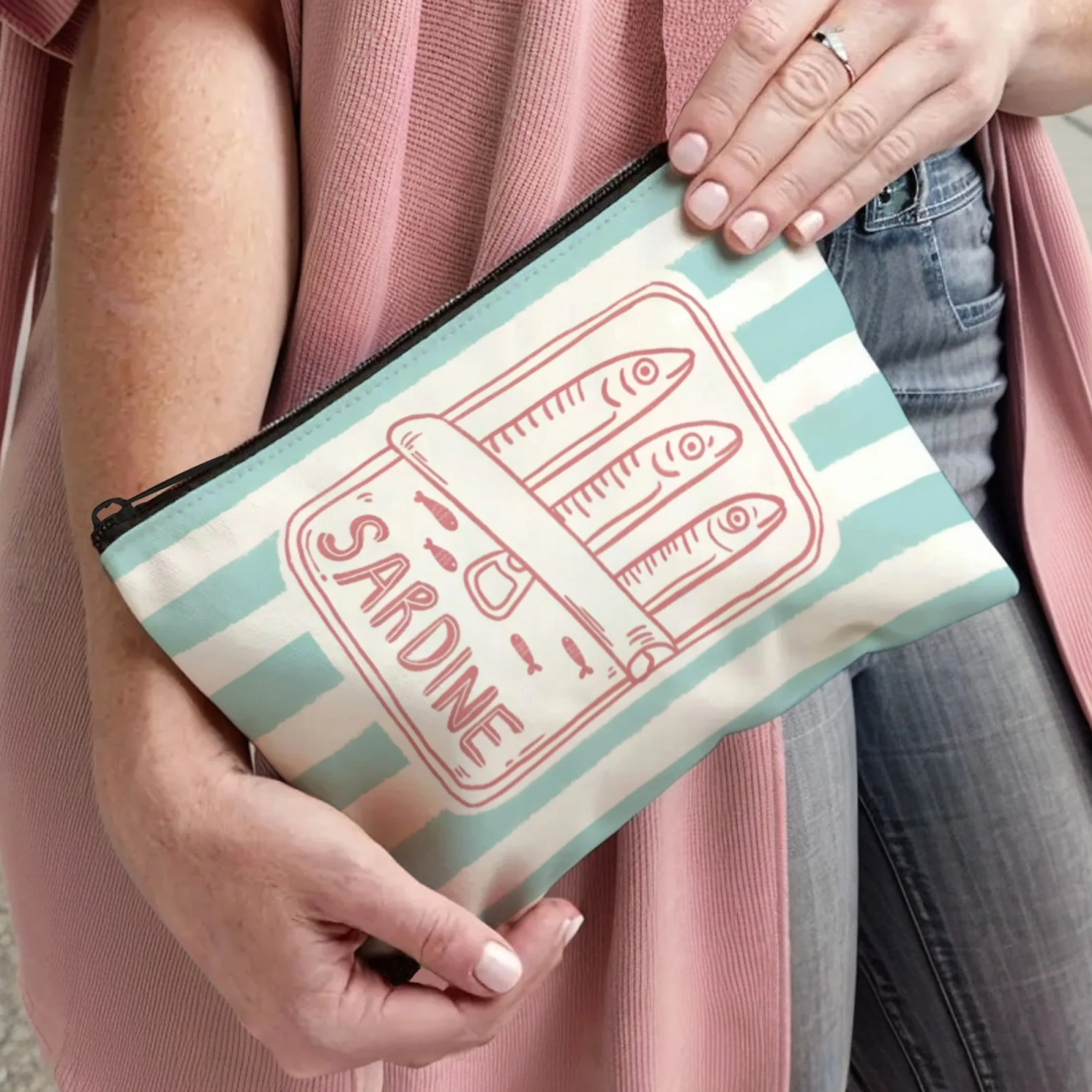 ユニセックス大人用化粧ポーチ、ブルーのポータブルメイクアップバッグ、トレンディなイワシプリントのジッパー付き洗面用具ケース、旅行用アクセサリー