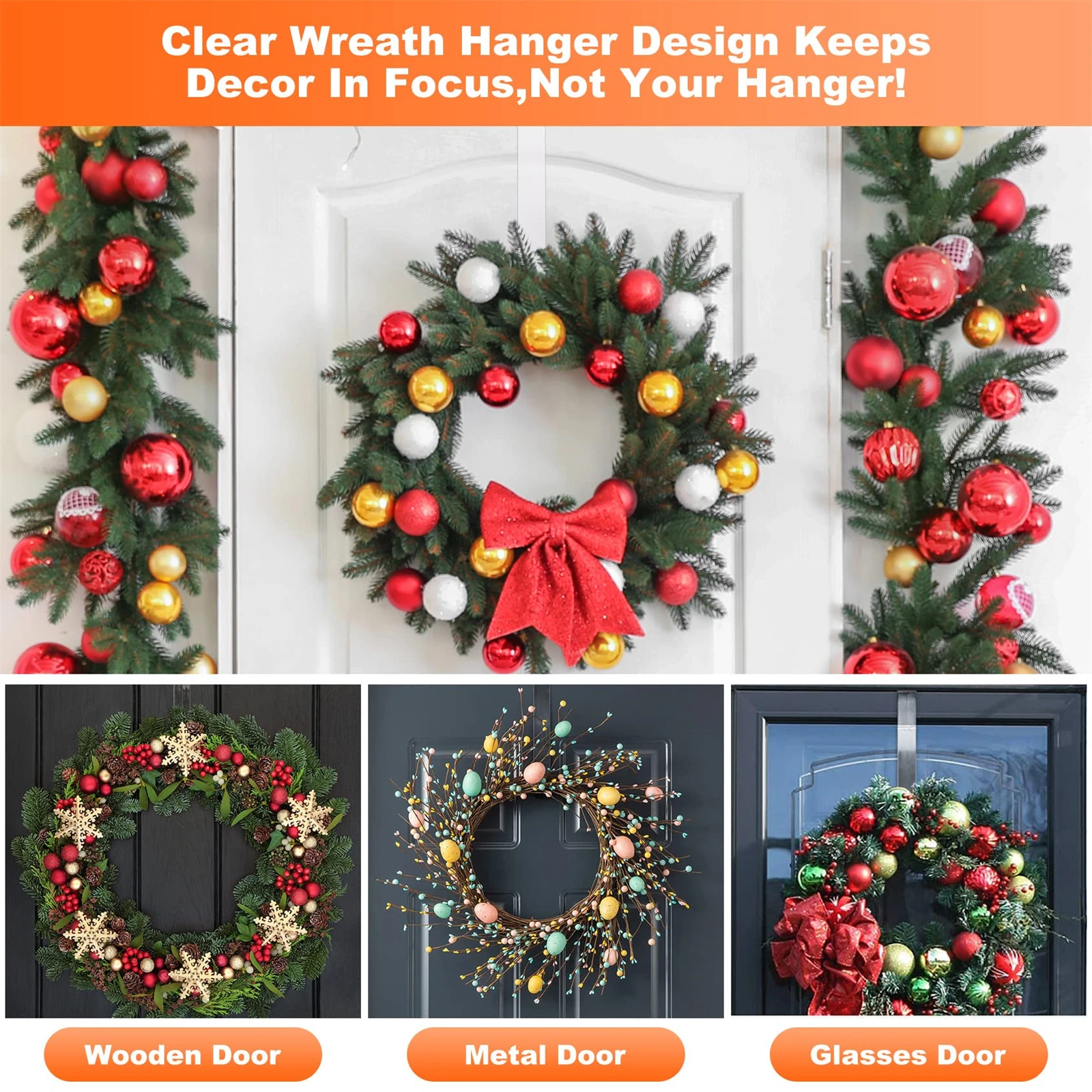 Christmas Wreath Hanger para armazenamento, Xmas Clear Door Hooks, Punch-Free, Schoolbags, Navidad Decoração gancho, Home Supplies, 1 Pc, 2 Pcs, 4Pcs