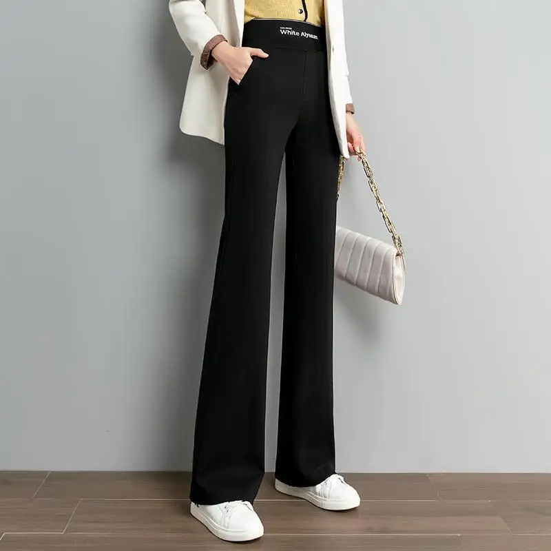 Pantalones elásticos negros de cintura alta para mujer, ropa recta de pierna ancha, color sólido, temperamento, moda de verano, 2024