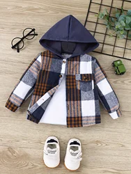 Autumn and Winter English Style Baby Boy Plaid Jacket Outdoor Casual Fashion Foreign Warm New Street Hooded Pocket Coat