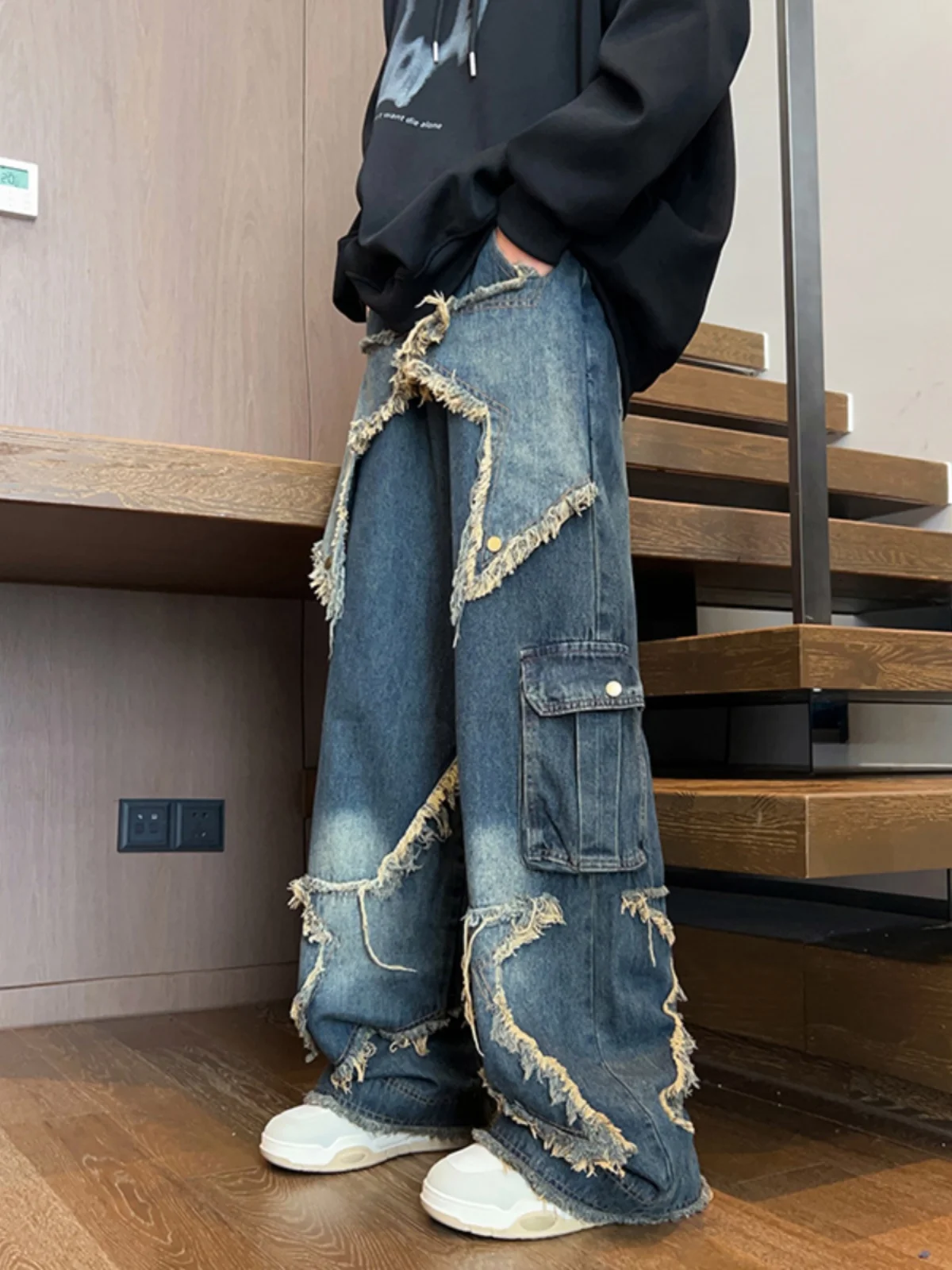 

Loose Wide Leg Workwear Jeans for Men with Star Patch Hip Hop American Style Casual Long Trousers Youth Trend Autumn Season