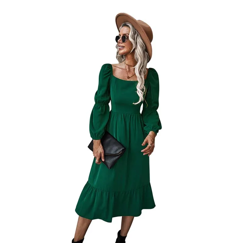 

Frence Style Casual Solid Long Sleeve Dress Plain A-line Leisure and Holiday for Woman Ladies