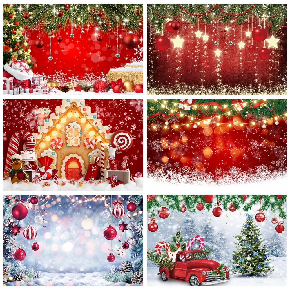 

Winter Christmas Red Ball Glitter Star Photography Backdrop Snowflake Xmas Tree Baby Family Portrait Holiday Decor Background
