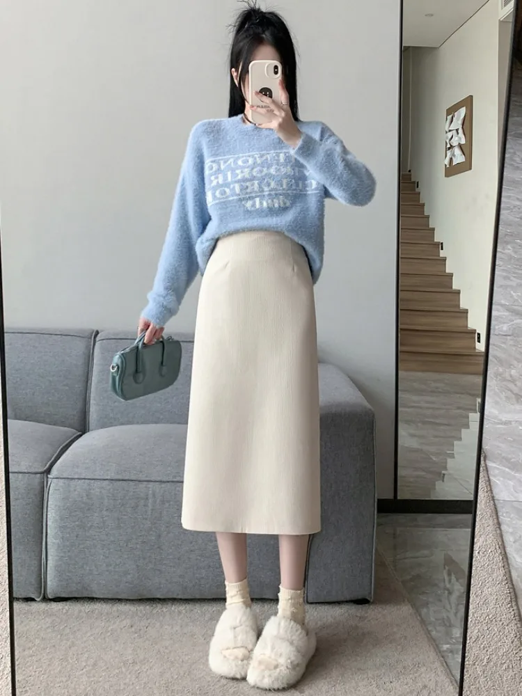 Khakifarbener Cord-A-Linien-Rock mit hoher Taille für Damen, Herbst und Winter, Faion Split One Step Wrap Body, langer Rock aus Polyesterfaser